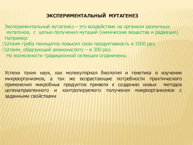 ЭКСПЕРИМЕНТАЛЬНЫЙ МУТАГЕНЕЗ Экспериментальный мутагенез – это воздействие на организм различных мутагенов,