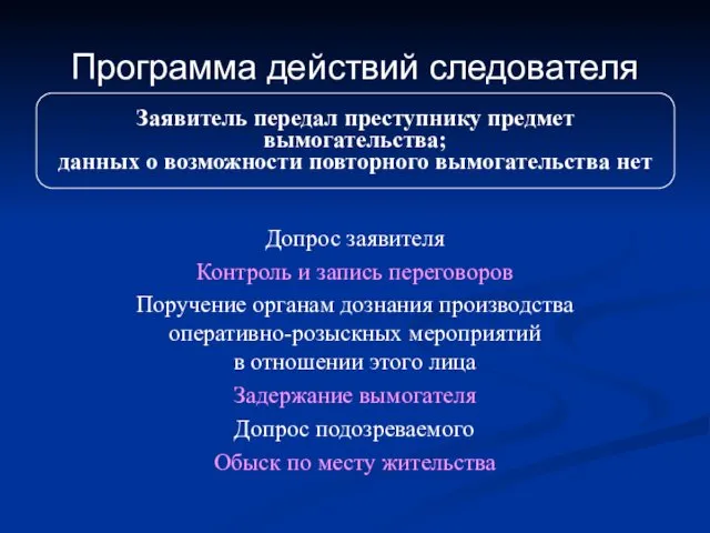 Программа действий следователя Заявитель передал преступнику предмет вымогательства; данных о возможности