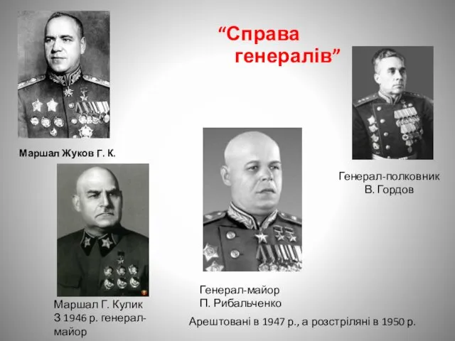 Маршал Жуков Г. К. “Справа генералів” Маршал Г. Кулик З 1946