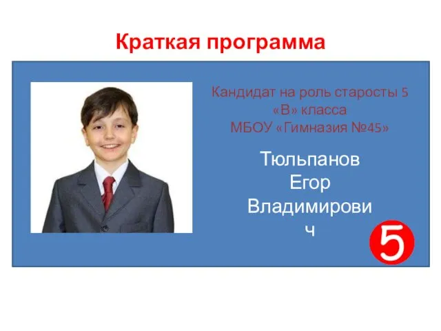 Краткая программа Кандидат на роль старосты 5«В» класса МБОУ «Гимназия №45» Тюльпанов Егор Владимирович