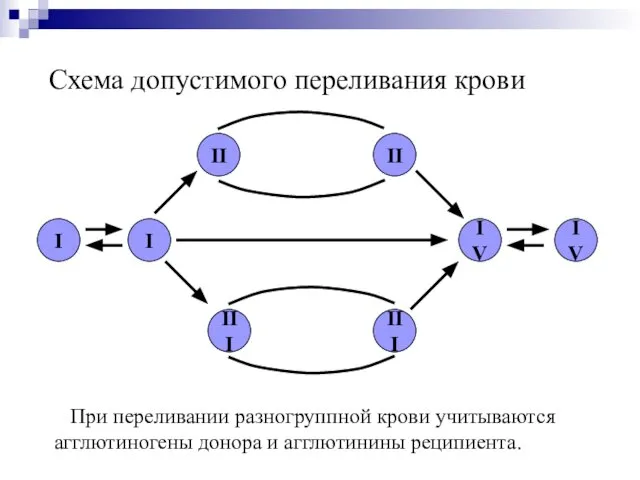 Схема допустимого переливания крови II II I I IV III IV