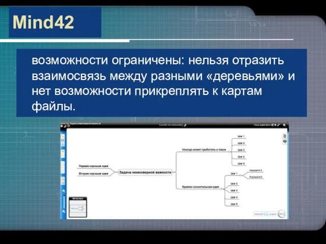 Mind42 возможности ограничены: нельзя отразить взаимосвязь между разными «деревьями» и нет возможности прикреплять к картам файлы.