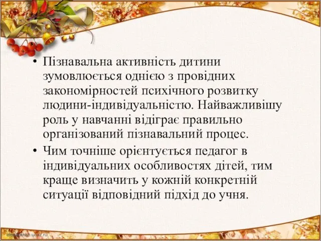 Пізнавальна активність дитини зумовлюється однією з провідних закономірностей психічного розвитку людини-індивідуальністю.