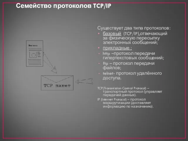 Семейство протоколов TCP/IP Существует два типа протоколов: базовый (TCP/IP),отвечающий за физическую