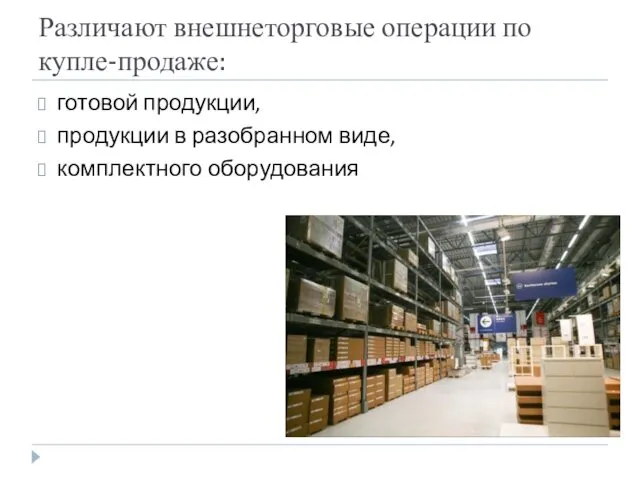 Различают внешнеторговые операции по купле-продаже: готовой продукции, продукции в разобранном виде, комплектного оборудования