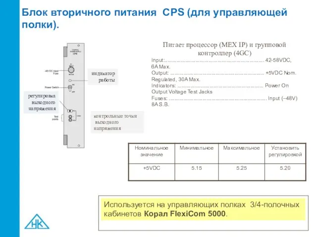 Блок вторичного питания CPS (для управляющей полки). Питает процессор (MEX IP)