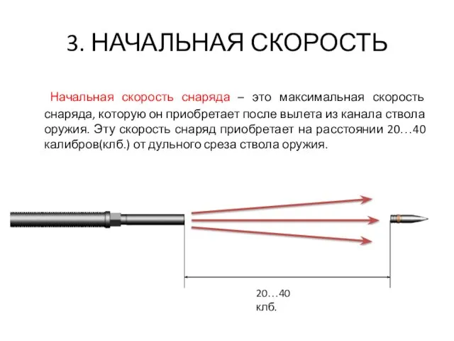 3. НАЧАЛЬНАЯ СКОРОСТЬ Начальная скорость снаряда – это максимальная скорость снаряда,