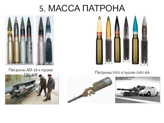 5. МАССА ПАТРОНА Патроны АО-18 к пушке ГШ-30К Патроны PGU к пушке GAU-8A