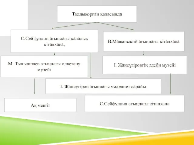 Талдықорған қаласында С.Сейфуллин атындағы қалалық кітапхана, М. Тынышпаев атындағы өлкетану музейі