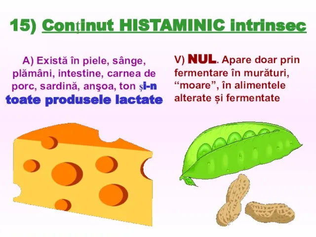 15) Conţinut HISTAMINIC intrinsec A) Există în piele, sânge, plămâni, intestine,