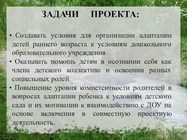 ЗАДАЧИ ПРОЕКТА: Создавать условия для организации адаптации детей раннего возраста к