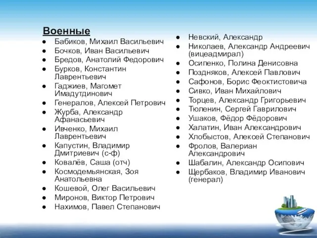 Военные Бабиков, Михаил Васильевич Бочков, Иван Васильевич Бредов, Анатолий Федорович Бурков,