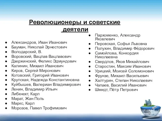 Революционеры и советские деятели Александров, Иван Иванович Бауман, Николай Эрнестович Володарский,