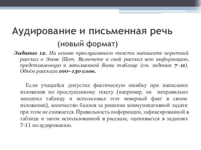 Аудирование и письменная речь (новый формат) Задание 12. На основе прослушанного