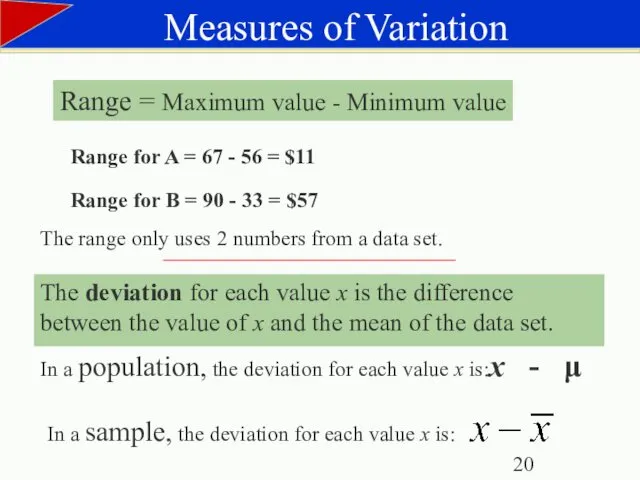 Range for A = 67 - 56 = $11 Range =