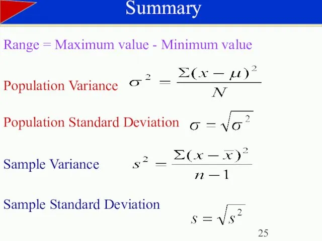 Summary Population Standard Deviation Sample Variance Sample Standard Deviation Range =