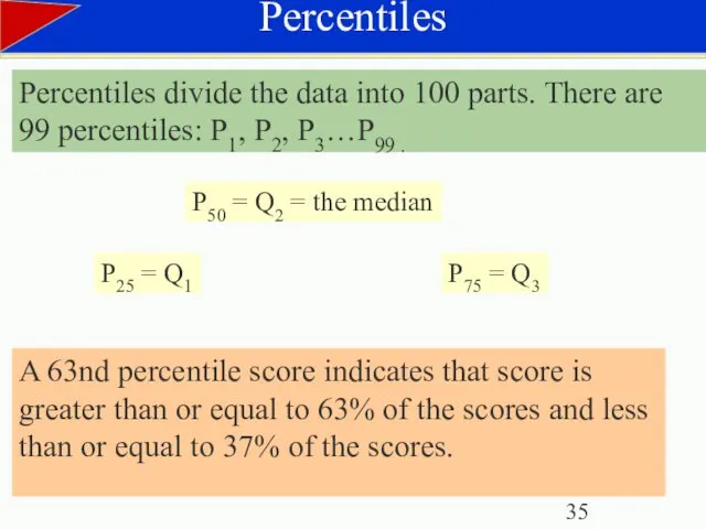 Percentiles Percentiles divide the data into 100 parts. There are 99