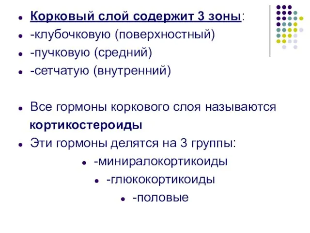 Корковый слой содержит 3 зоны: -клубочковую (поверхностный) -пучковую (средний) -сетчатую (внутренний)