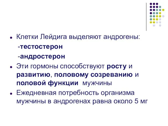 Клетки Лейдига выделяют андрогены: -тестостерон -андростерон Эти гормоны способствуют росту и