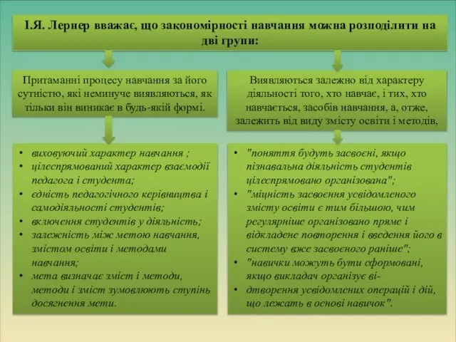 І.Я. Лернер вважає, що закономірності навчання можна розподілити на дві групи: