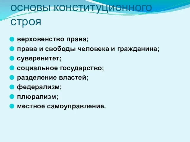 основы конституционного строя верховенство права; права и свободы человека и гражданина;