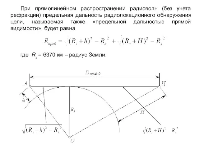 При прямолинейном распространении радиоволн (без учета рефракции) предельная дальность радиолокационного обнаружения