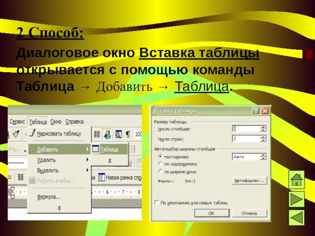 2 Способ: Диалоговое окно Вставка таблицы открывается с помощью команды Таблица → Добавить → Таблица.