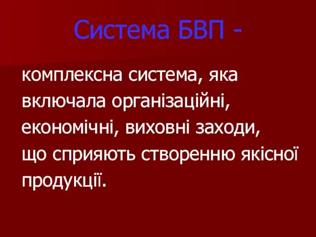 Система БВП - комплексна система, яка включала організаційні, економічні, виховні заходи, що сприяють створенню якісної продукції.