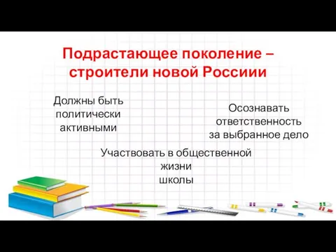 Подрастающее поколение – строители новой Россиии Должны быть политически активными Участвовать