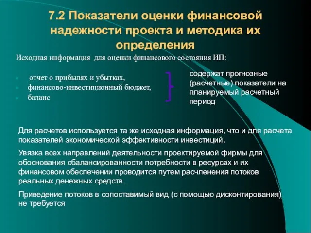 7.2 Показатели оценки финансовой надежности проекта и методика их определения Исходная