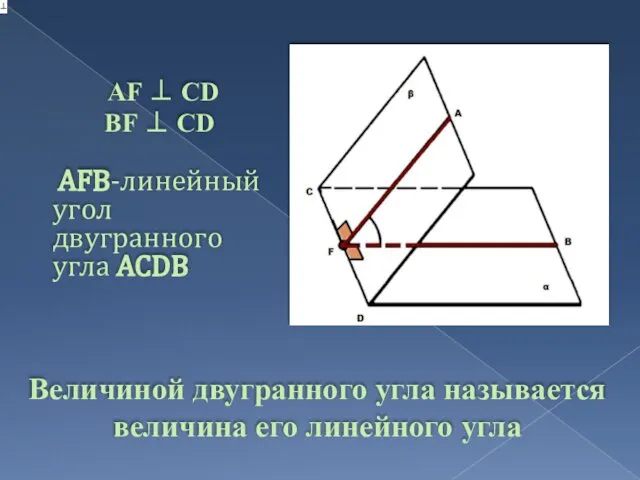 Величиной двугранного угла называется величина его линейного угла AF ⊥ CD