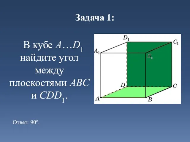 Задача 1: В кубе A…D1 найдите угол между плоскостями ABC и CDD1. Ответ: 90o.