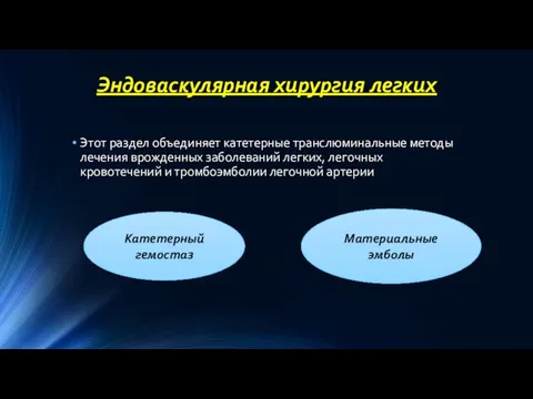 Эндоваскулярная хирургия легких Этот раздел объединяет катетерные транслюминальные методы лечения врожденных