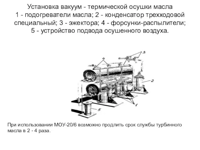 Установка вакуум - термической осушки масла 1 - подогреватели масла; 2