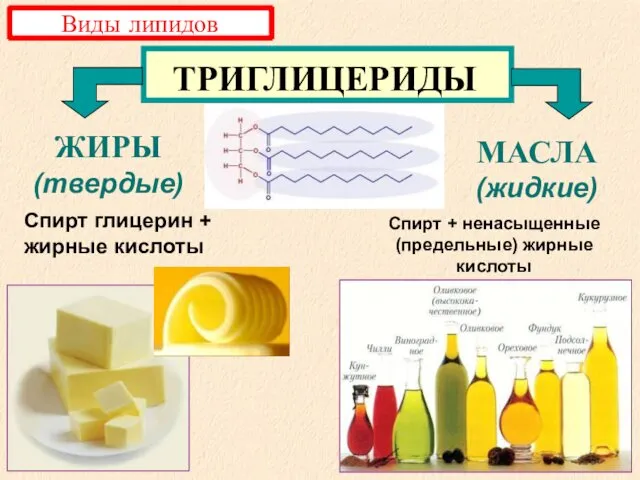 ЖИРЫ (твердые) МАСЛА (жидкие) ТРИГЛИЦЕРИДЫ Спирт глицерин + жирные кислоты Спирт