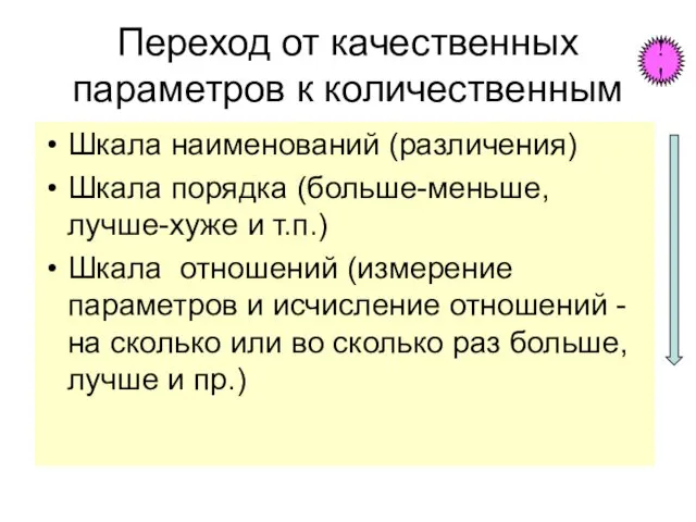 Переход от качественных параметров к количественным Шкала наименований (различения) Шкала порядка