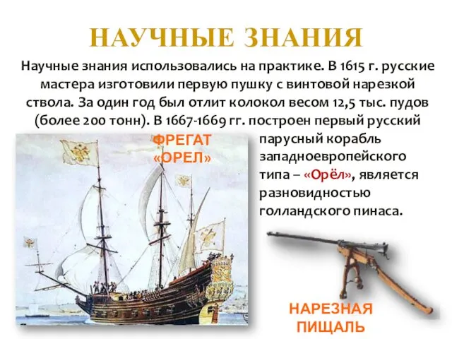 НАУЧНЫЕ ЗНАНИЯ Научные знания использовались на практике. В 1615 г. русские