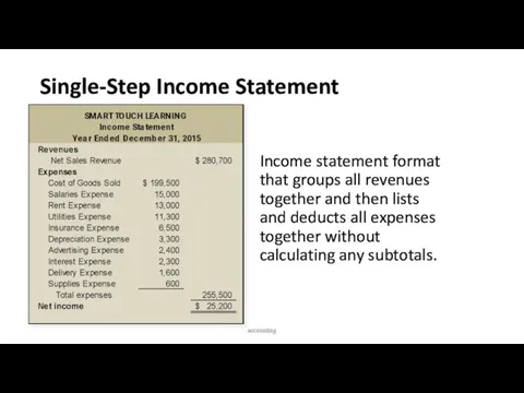 Single-Step Income Statement Income statement format that groups all revenues together