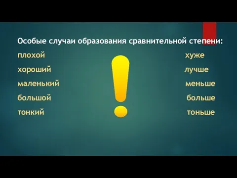 Особые случаи образования сравнительной степени: плохой хуже хороший лучше маленький меньше большой больше тонкий тоньше