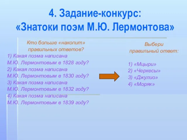 4. Задание-конкурс: «Знатоки поэм М.Ю. Лермонтова» Кто больше «накопит» правильных ответов?