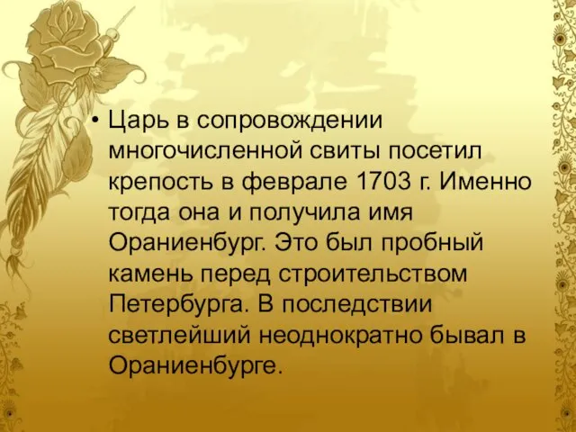 Царь в сопровождении многочисленной свиты посетил крепость в феврале 1703 г.