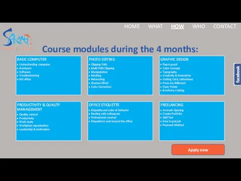Course modules during the 4 months: HOME WHAT HOW WHO CONTACT Apply now