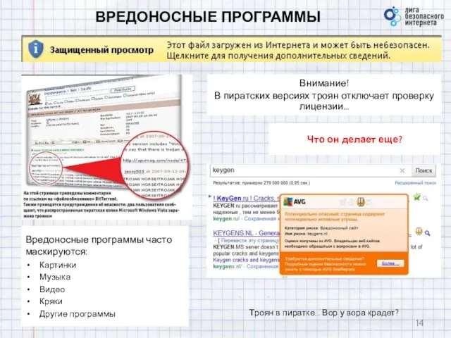 ВРЕДОНОСНЫЕ ПРОГРАММЫ Вредоносные программы часто маскируются: Картинки Музыка Видео Кряки Другие