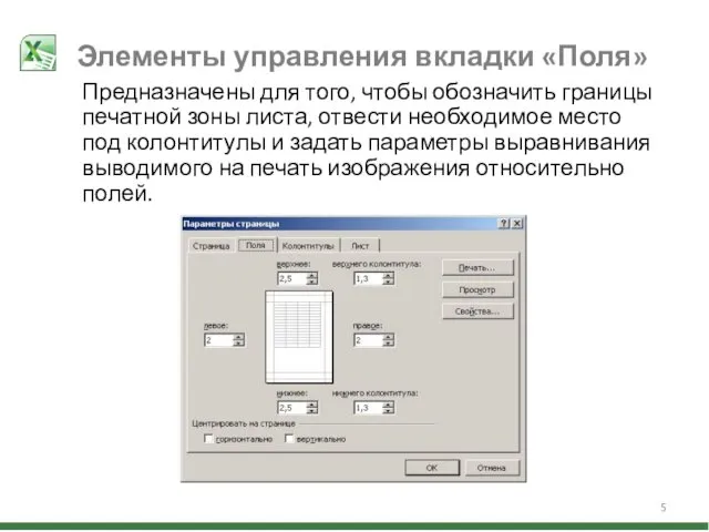 Элементы управления вкладки «Поля» Предназначены для того, чтобы обозначить границы печатной