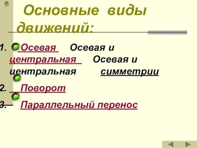 Основные виды движений: Осевая Осевая и центральная Осевая и центральная симметрии Поворот Параллельный перенос