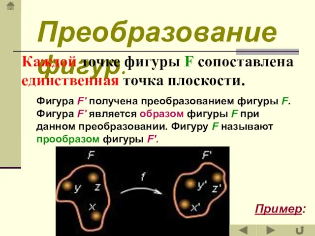 Фигура F' получена преобразованием фигуры F. Фигура F' является образом фигуры