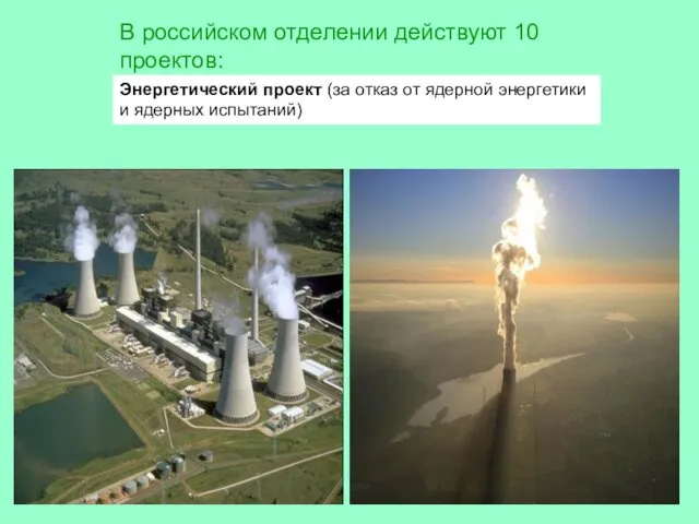 В российском отделении действуют 10 проектов: Энергетический проект (за отказ от ядерной энергетики и ядерных испытаний)