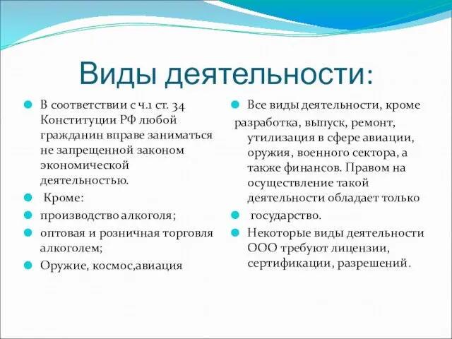 Виды деятельности: В соответствии с ч.1 ст. 34 Конституции РФ любой