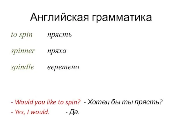 Английская грамматика to spin прясть spinner пряха spindle веретено - Would