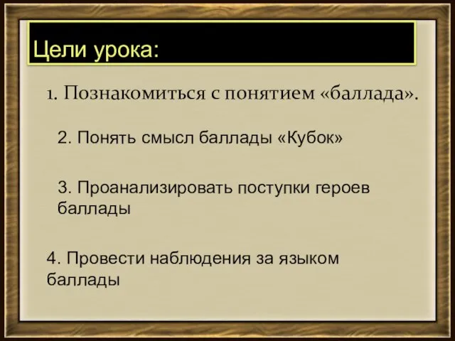 1. Познакомиться с понятием «баллада». Цели урока: 2. Понять смысл баллады